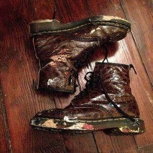 Brown snakeskin doc martens with paint stains
